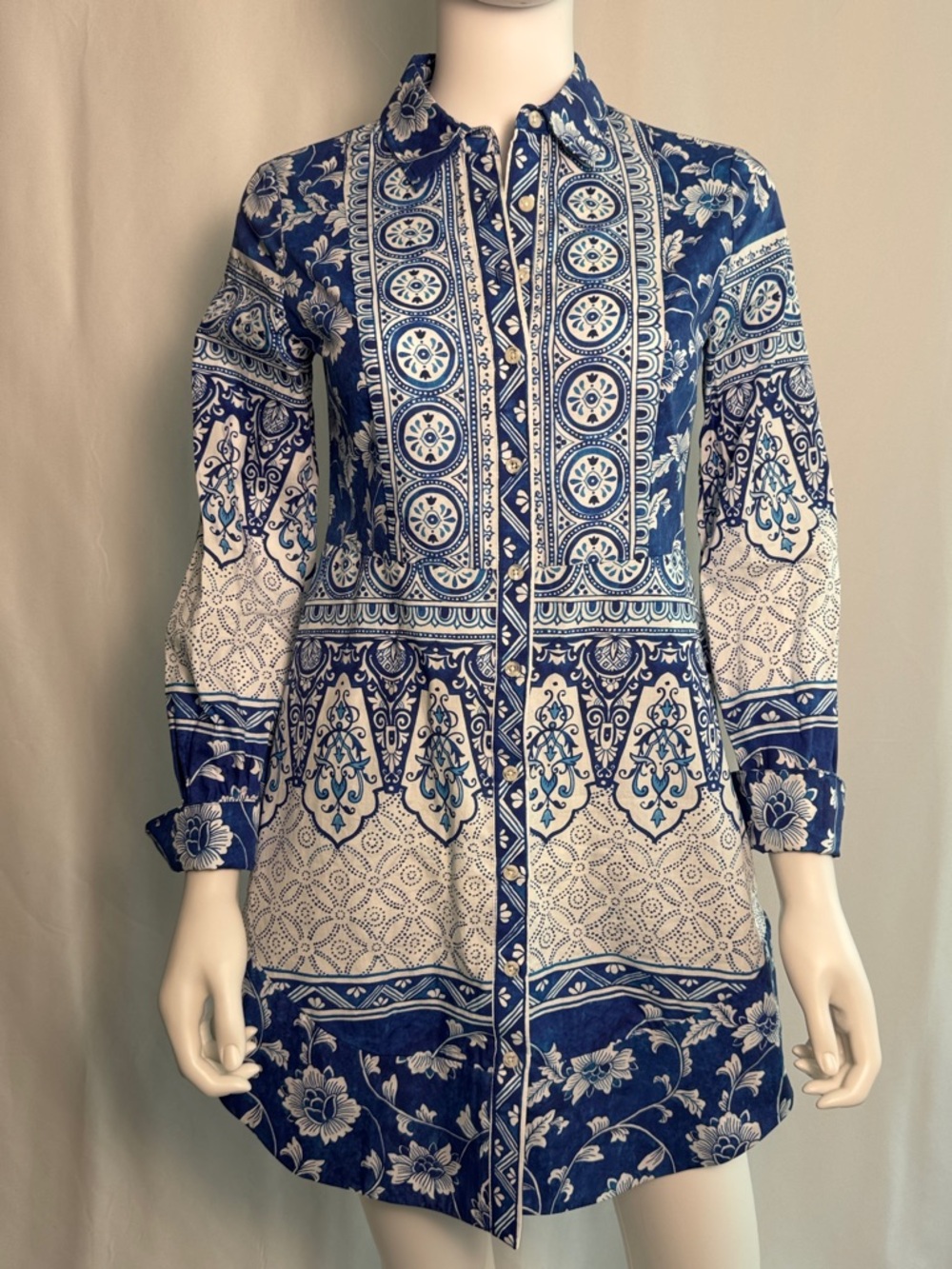 Anthropologie Blue and White Printed Long-Sleeve Shirt Dress